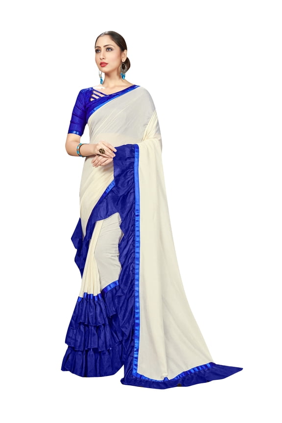 Sarees for Women Georgette Ruffle - Frill Saree | Ethnic Indian Gift Traditional Wedding Gift Sari with Unstitched Blouse Off White