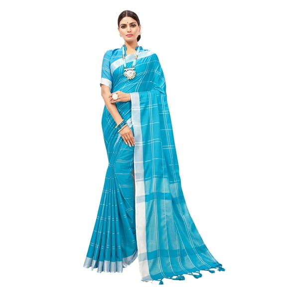 Sarees for Women Linen Cotton Silk Saree l Indian Ethnic Wedding Diwali Gift Sari with Unstitched Blouse Turquoise