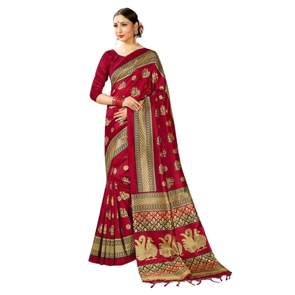 Sarees for Women Mysore Art Silk Printed Saree || Ethnic Gift Indian Traditional Wedding Sari with Unstitched Blouse Maroon