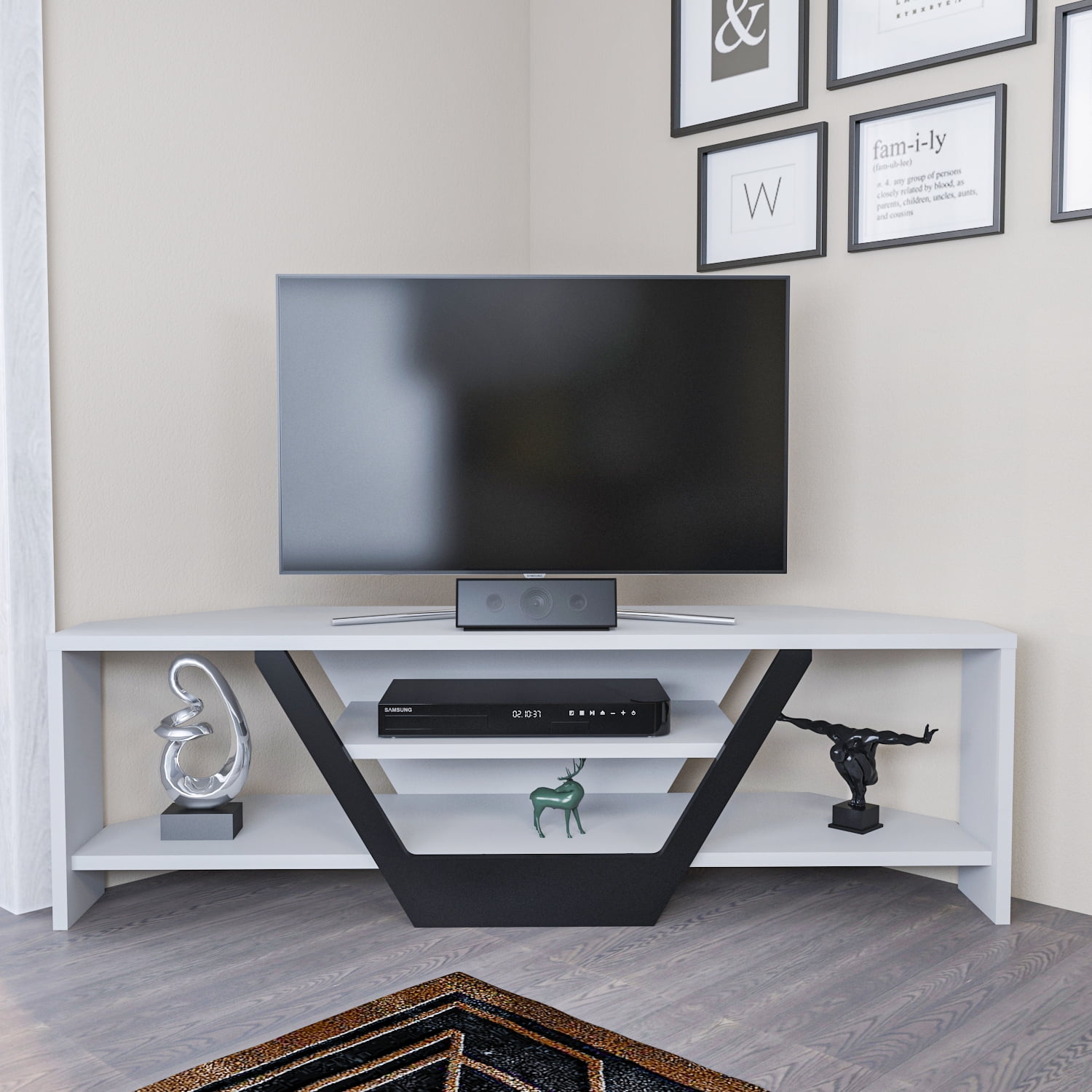 Sares White and Black Corner TV Stand for 55" TVs