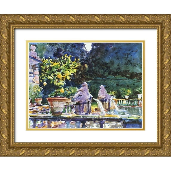 Sargent, John Singer 14x12 Gold Ornate Wood Framed with Double Matting Museum Art Print Titled - Villa de Marlia: a Fountain, 1910