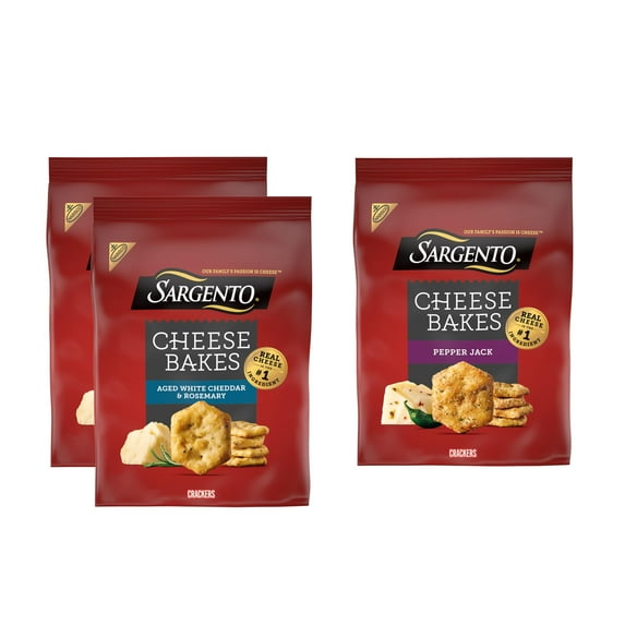 Sargento® Cheese Bakes Crackers MZF22 Variety Pack, Aged White Cheddar and Rosemary and Pepper Jack, Cheese Crackers, Lunch Snacks, Bulk Snacks, 3 Bags