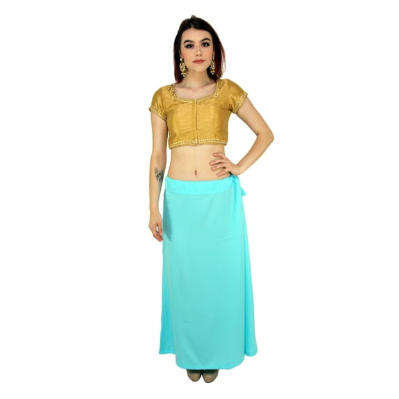 Sari Petticoat Stitched Indian Saree Petticoat Adjustable Waist Sari Skirt (Light Blue)