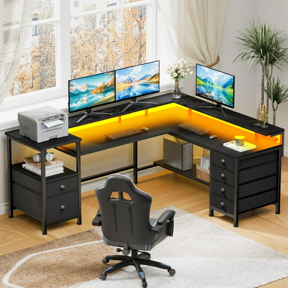Sarifur L Shaped Computer Desk with Charging Station and LED Lights, 66 inch PC Table Study Desk 6 Drawers for Bedroom,Office Black