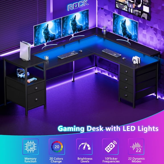 Sarifur L Shaped Computer Desk with Charging Station and LED Lights, 66 inch PC Table Study Desk 6 Drawers for Bedroom,Office Black