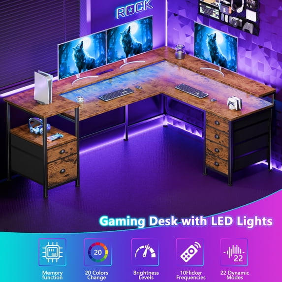Sarifur L Shaped Computer Desk with Charging Station and LED Lights, 66 inch PC Table Study Desk 6 Drawers for Bedroom,Office Rustic Brown