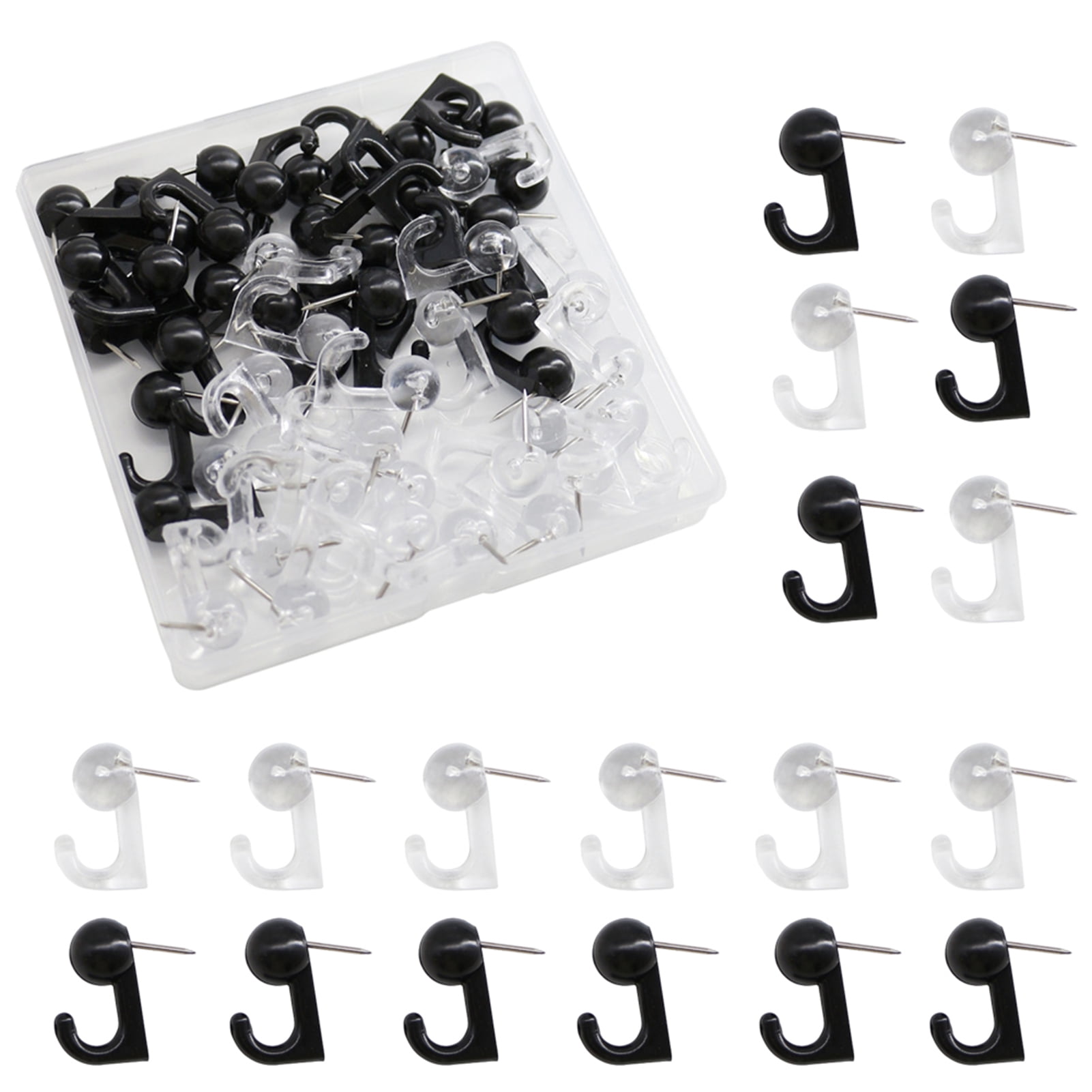 Sarkoyar 50Pcs Push Pin with Hook Plastic Box Black Transparent Cork