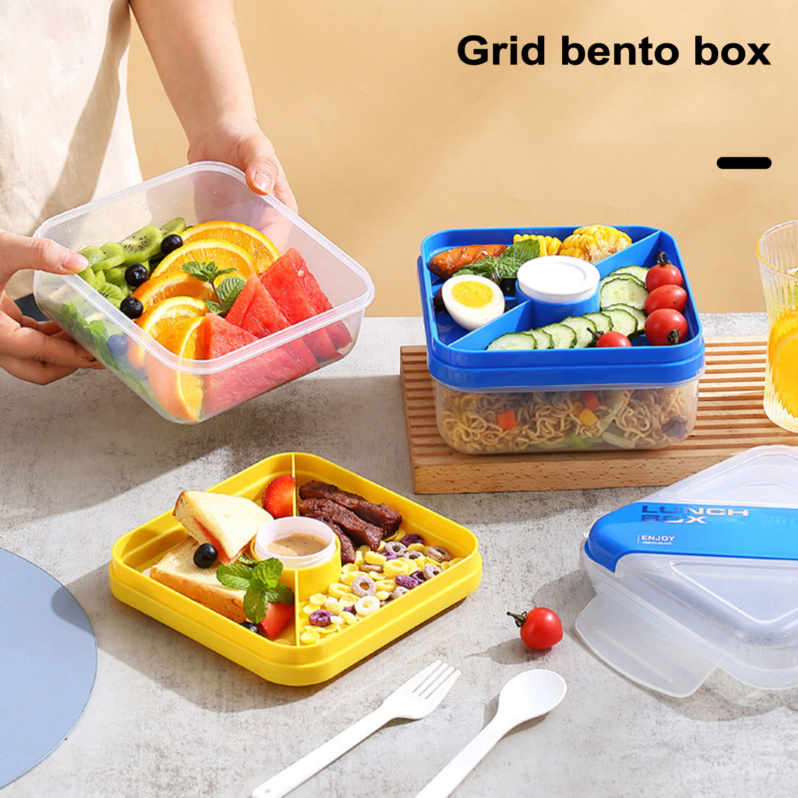 Sarkoyar Bento Lunch Box 2-Compartment Double Layer with Sauce Container  Reusable Spork Leak-proof Beto Box Home Supply