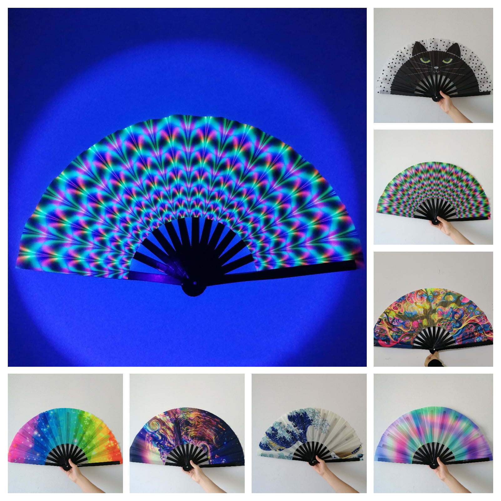 Sarkoyar Folding Fan Colorful Holographic Rave Fan Bamboo Ribs Hand Fan ...