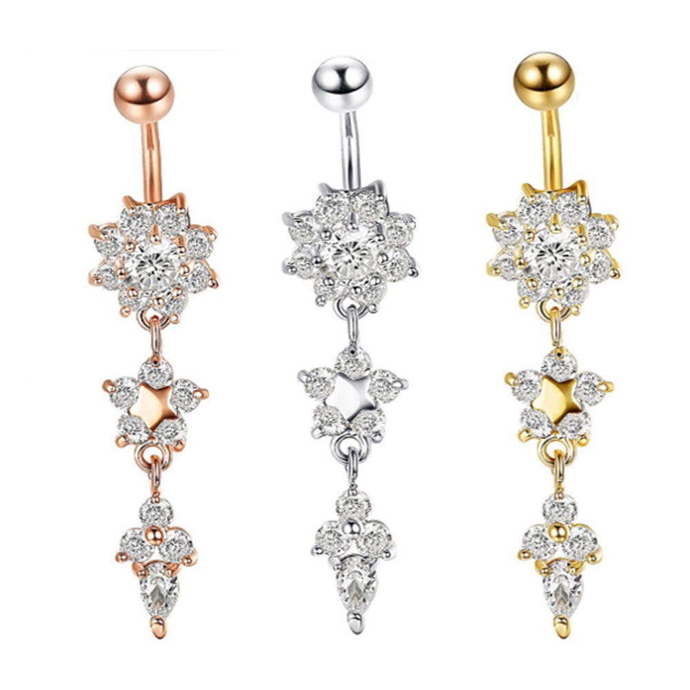 Sarkoyar Lady Rhinestone Flower Stainless Steel Belly Button Navel Ring ...