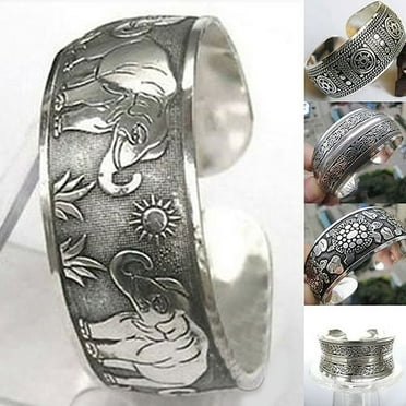 Sarkoyar Vintage Tibetan Silver Elephant Carved Open Bangle Cuff Wide Bracelet Jewelry
