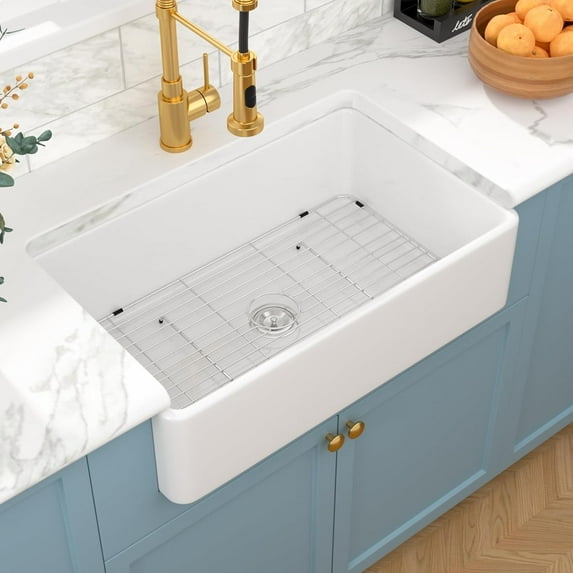 Sarlai 33 White Farmhouse Sink - 33x20 Inch Kitchen Sink Apron Front Ceramic Porcelain Vitreous Fireclay Single Bowl Farmer Sinks Basin