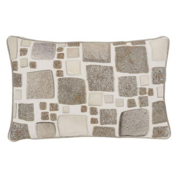 Saro Lifestyle 1562.S1220BP 12 x 20 in. Hair-on-Leather Patchwork Throw Pillow with Poly Filling, Silver
