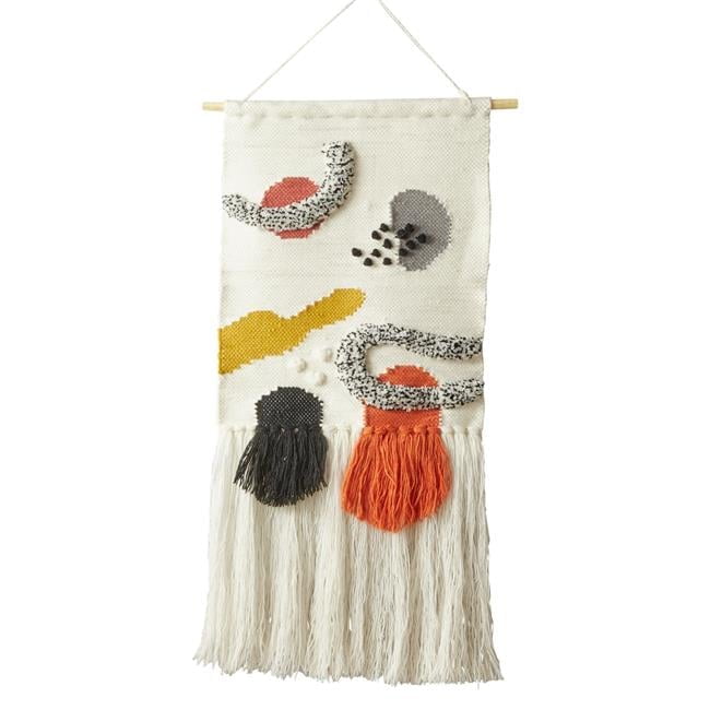 Abstract Multicolor Wool Woven Wall Hanging with Wooden Bar