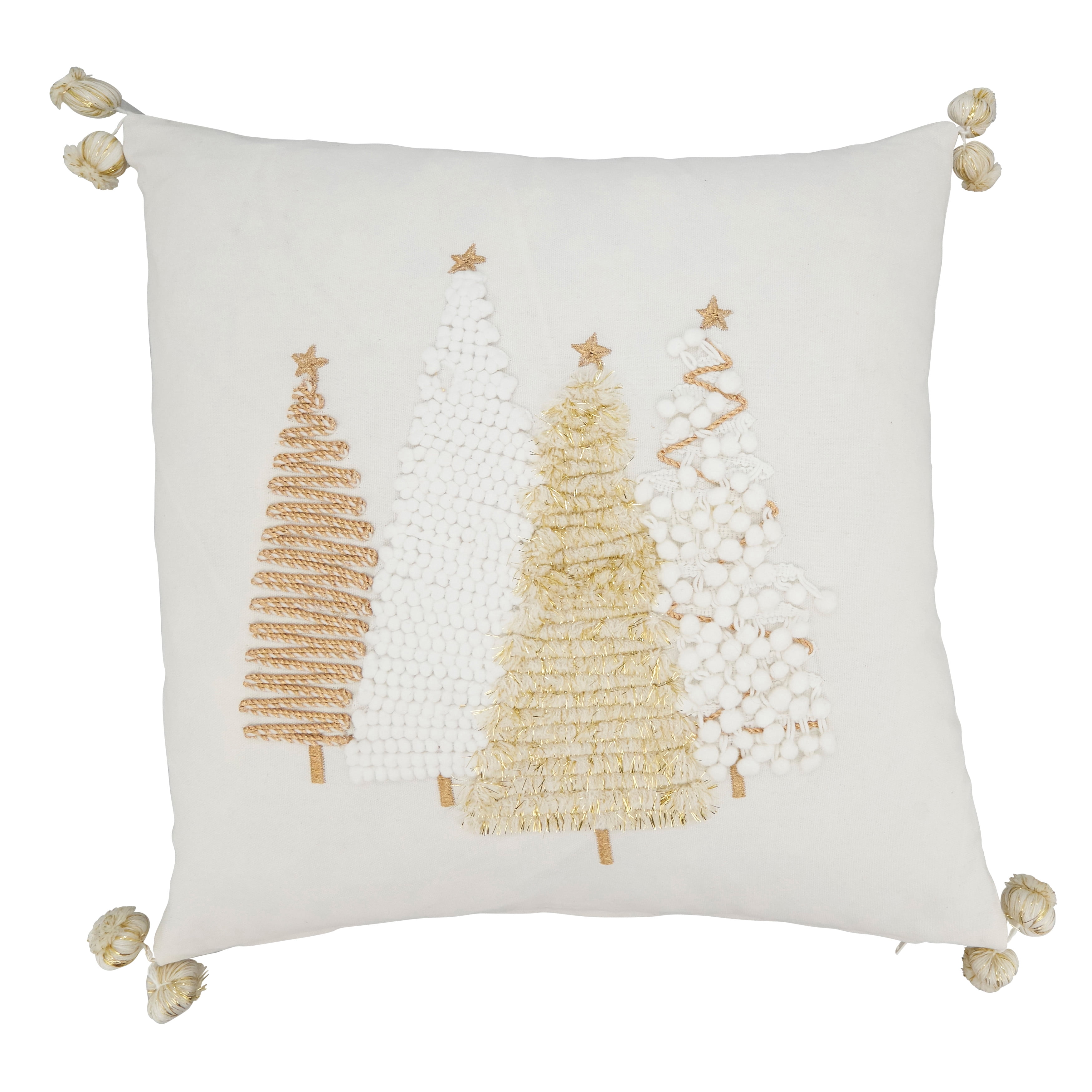 Gold and White Christmas Trees Cotton Throw Pillow Cover with Pom-Pom Trim, 18"