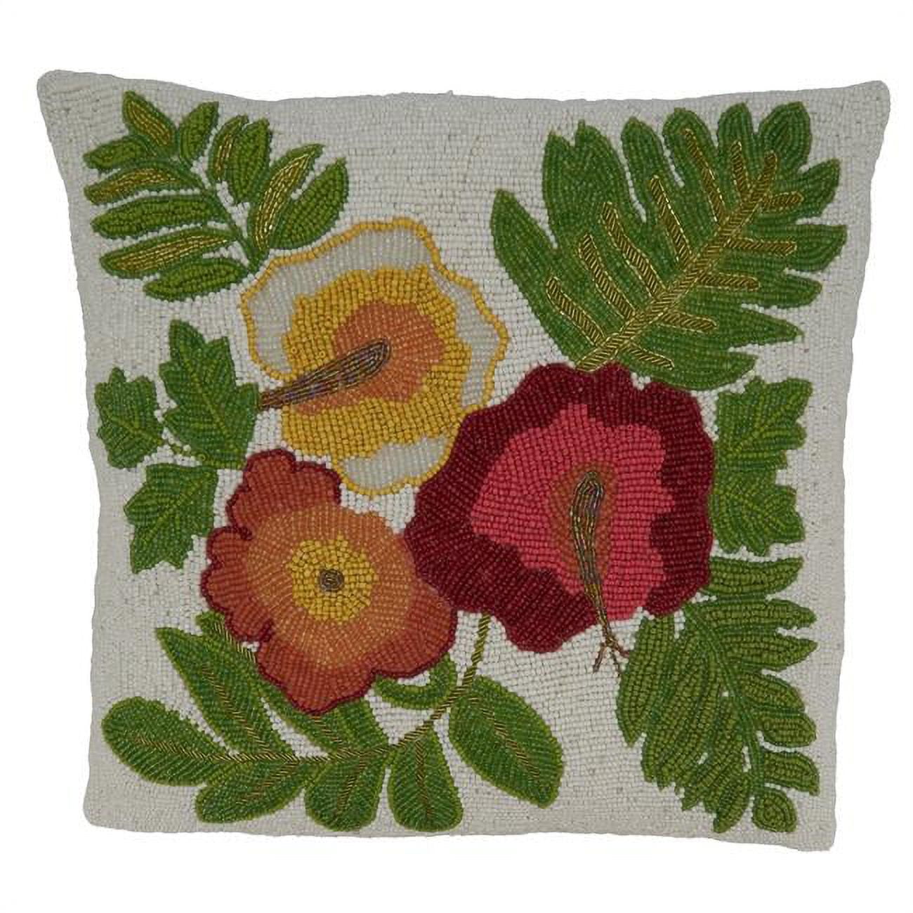 16" Square Multicolor Cotton Embroidered Floral Throw Pillow