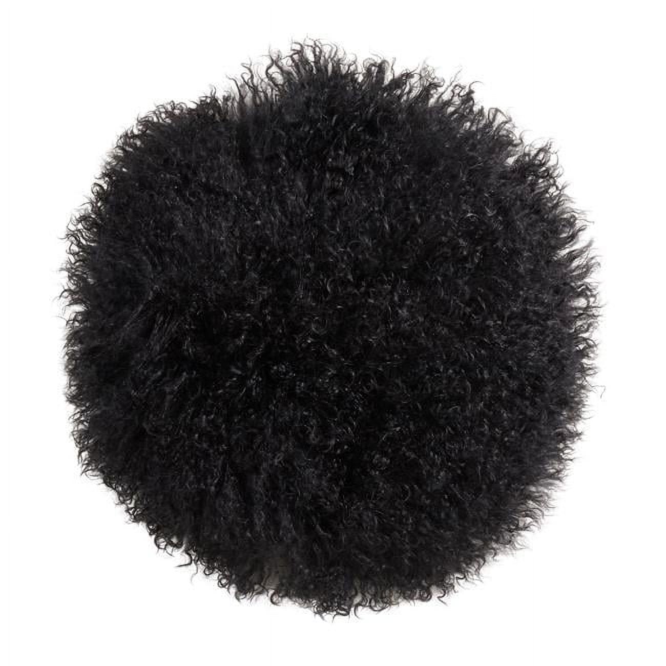 Black Round Mongolian Lamb Fur Throw Pillow with Poly Filling