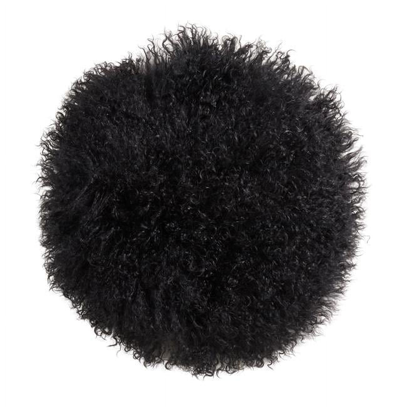 Black Round Mongolian Lamb Fur Throw Pillow with Poly Filling