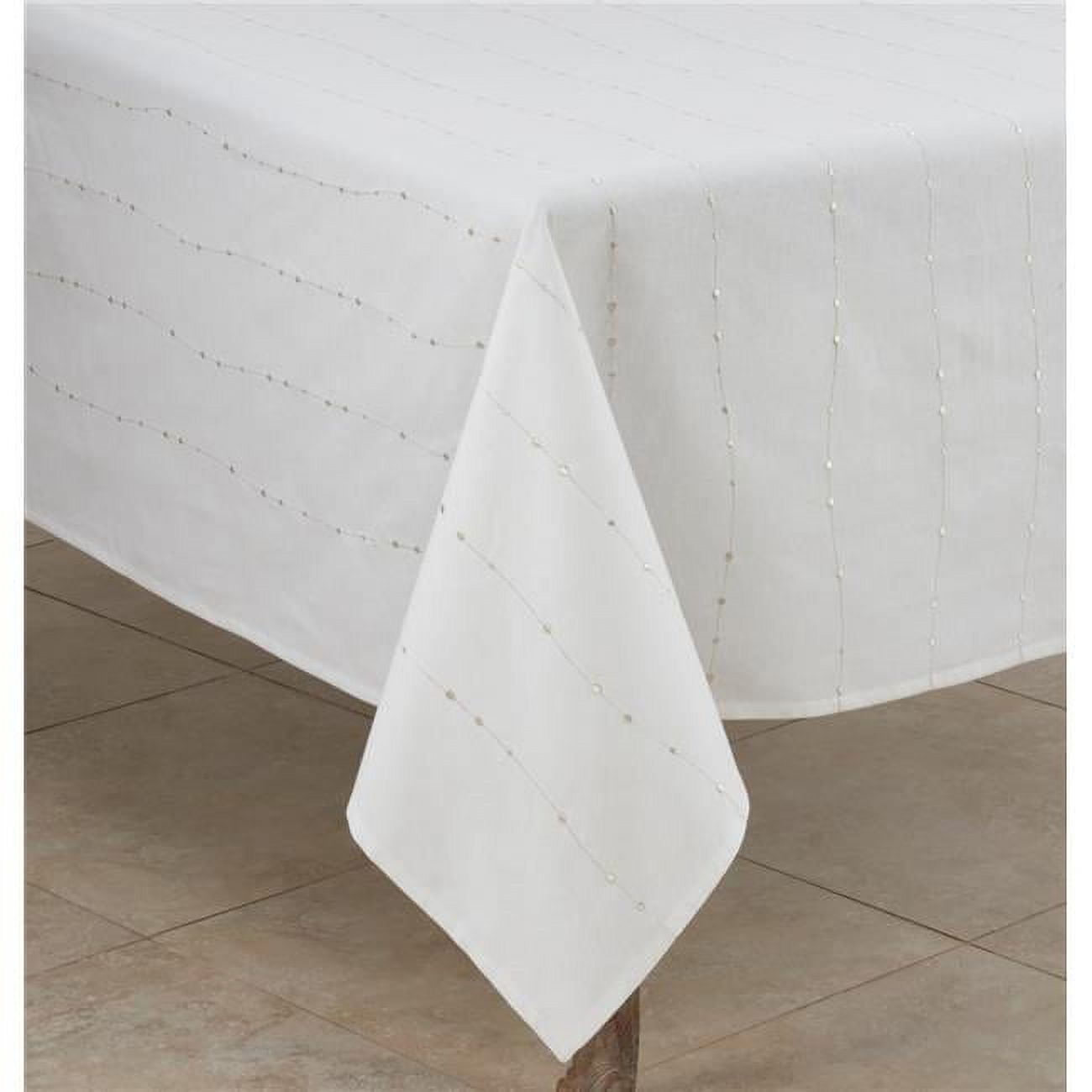 White Cotton Tablecloth with Silver Embroidered Design, 72 x 72