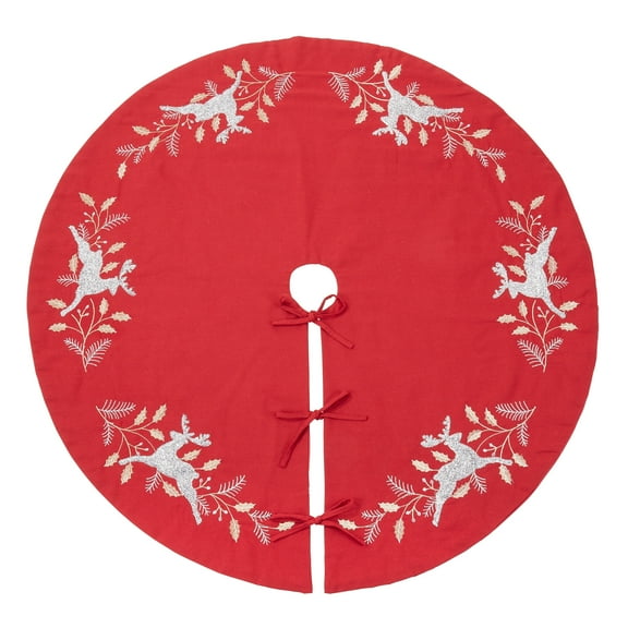 Saro Lifestyle 4631.R54R 54 in. Round Embroidered Reindeer Christmas Tree Skirt, Red