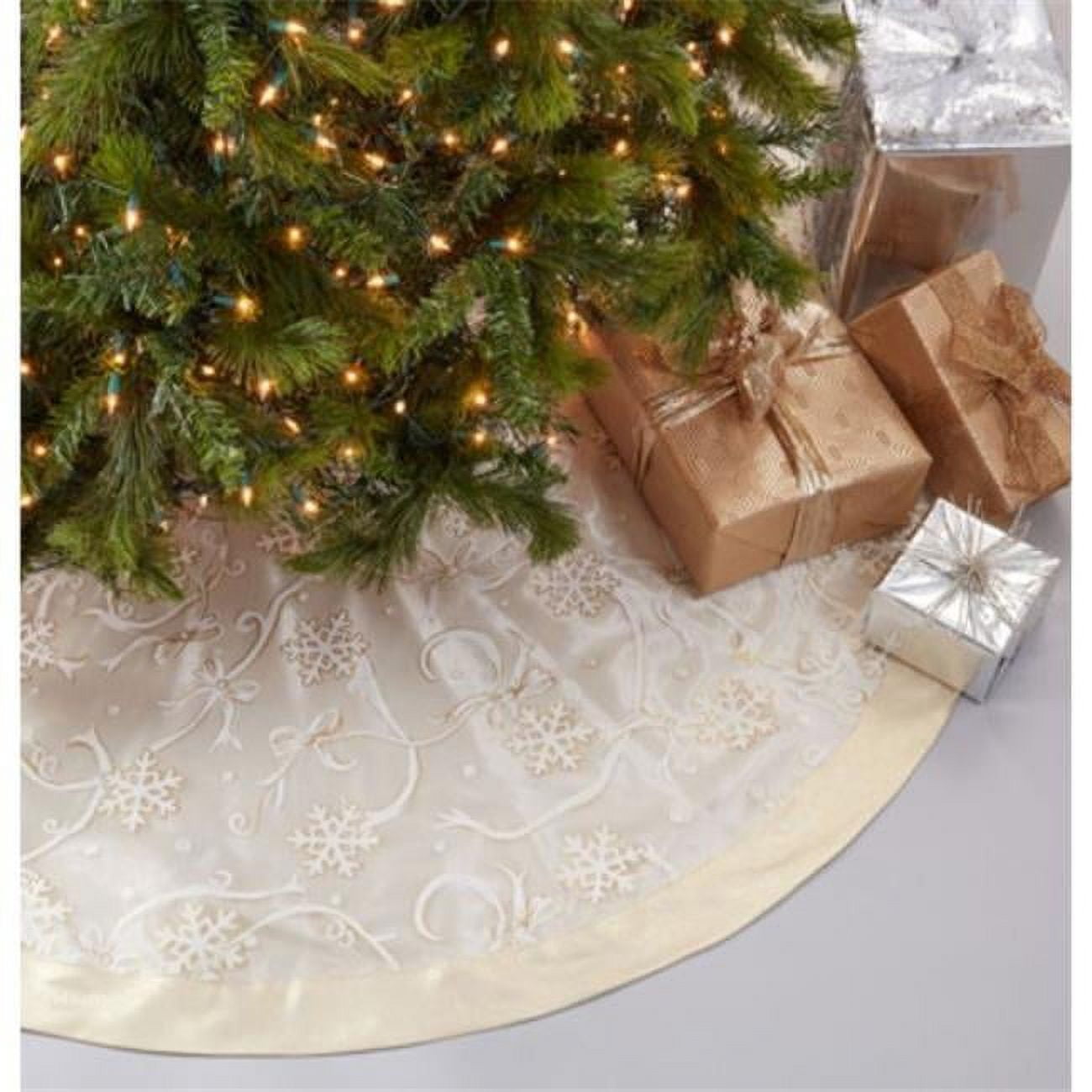 Gold and White Snowflake Ribbon Design Tree Skirt, 52" Round