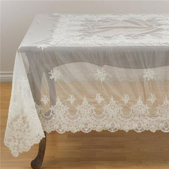 Saro Lifestyle 5284.W60S 60 in. Square Embroidered Floral Lace Beaded Antique Tablecloth, White