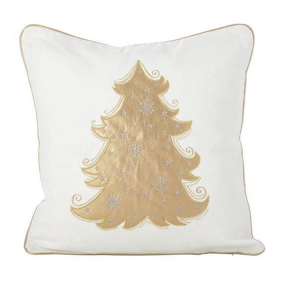 Saro Lifestyle 6494.W18S 18 in. Square Metallic Christmas Tree Design Cotton Poly Filled Throw Pillow, White