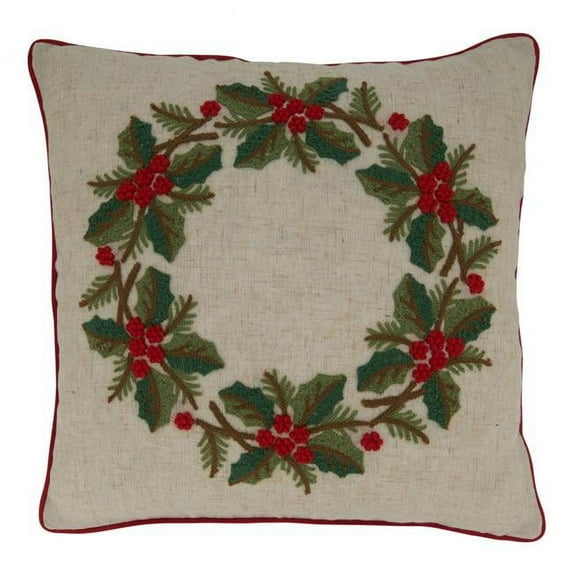 Saro Lifestyle 7678.M18SP 18 in. Holly Wreath Poly-Fillied Throw Pillow, Multi Color