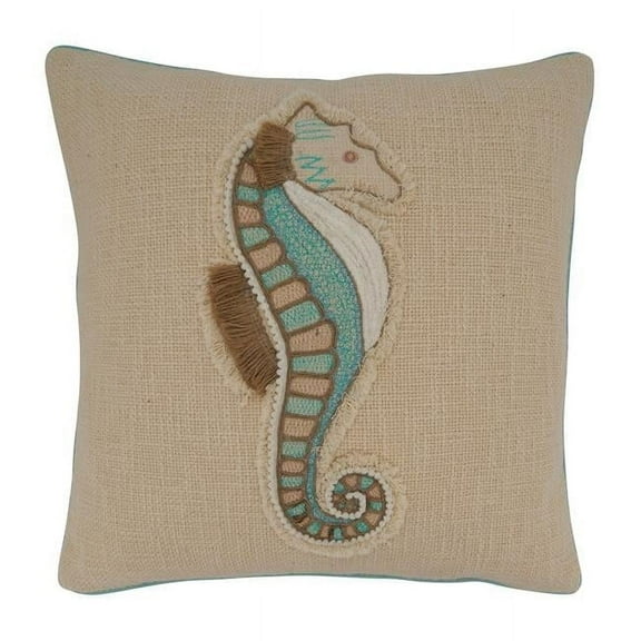 Saro Lifestyle 8203.A18SD 18 x 18 in. Embroidered Sea Horse Throw Pillow with Down Filling, Natural