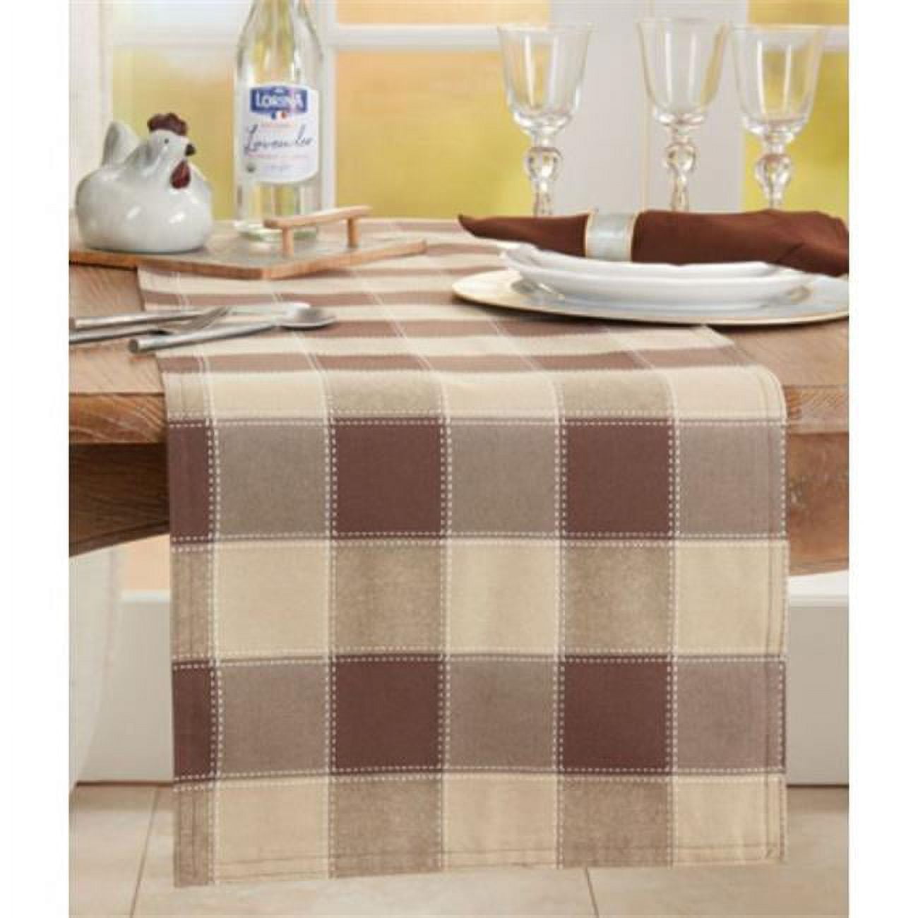 Multicolor Stitched Plaid Cotton and Polyester Table Runner