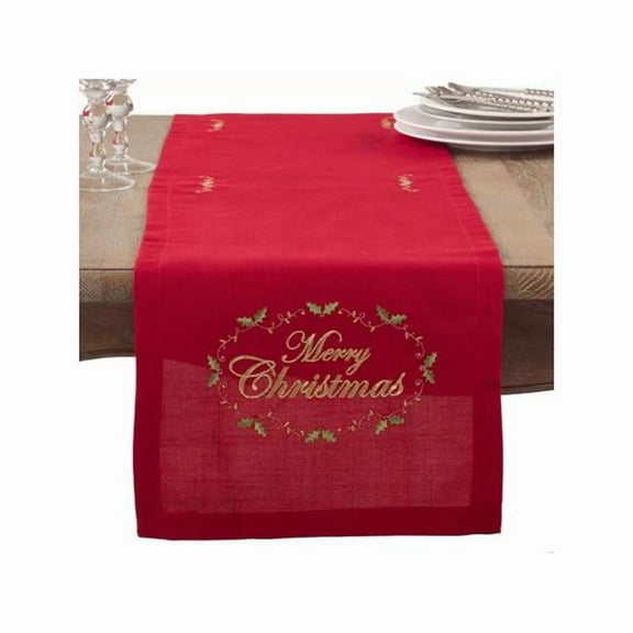 Saro Lifestyle 0141.R1454B 90 x 14 in. Merry Christmas Oblong Embroidered Design Table Runner, Red