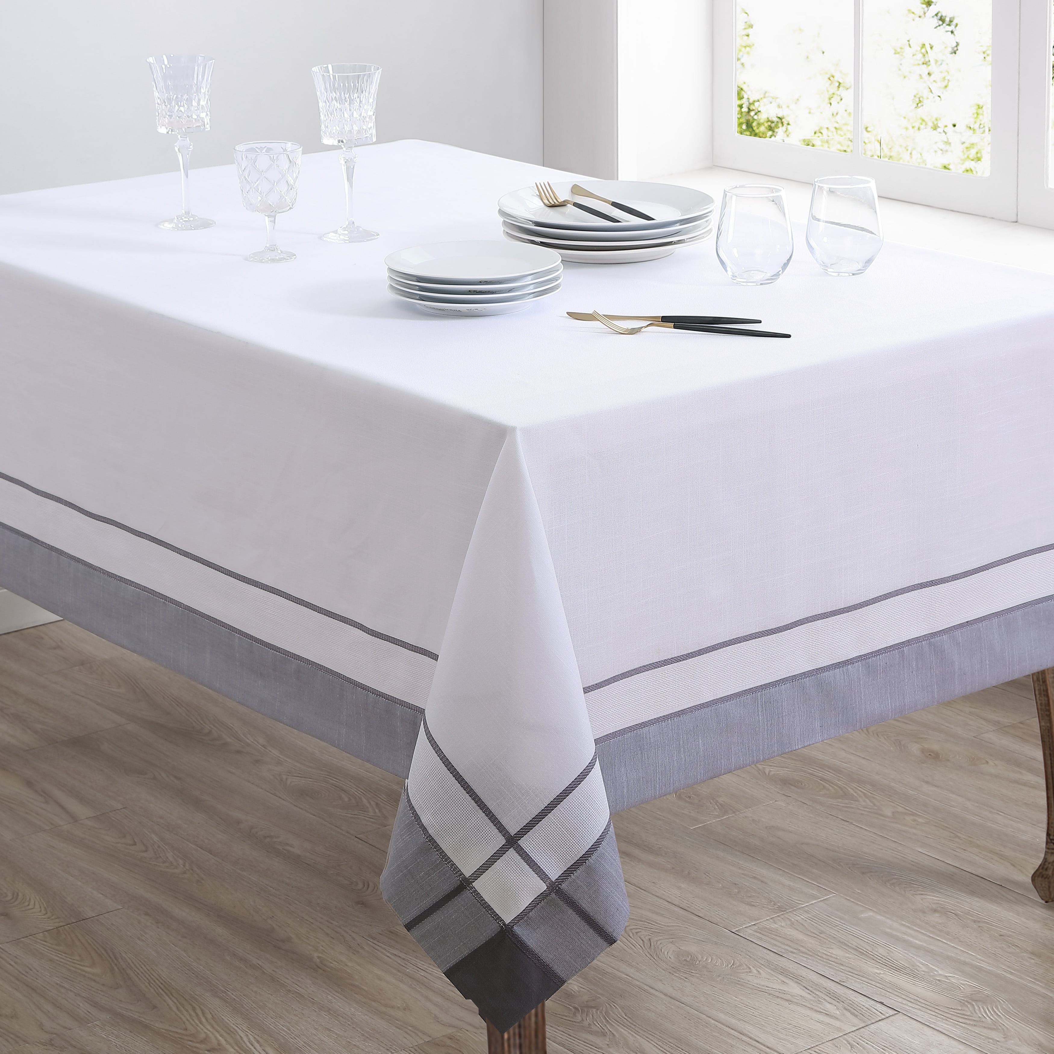 White and Gray Rectangular Fabric Tablecloth with Border Embellishment