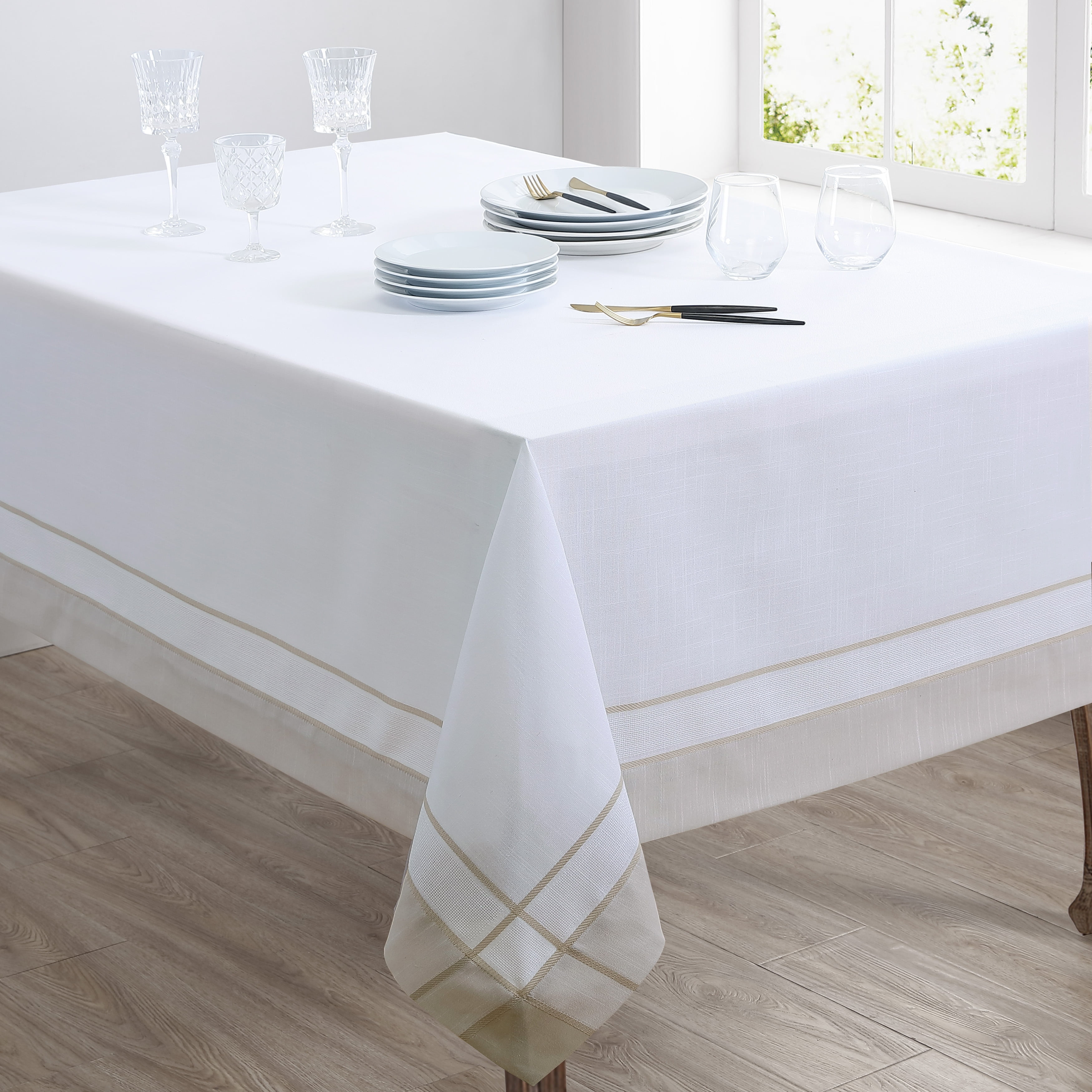 White Rectangular Fabric Tablecloth with Border Embellishment