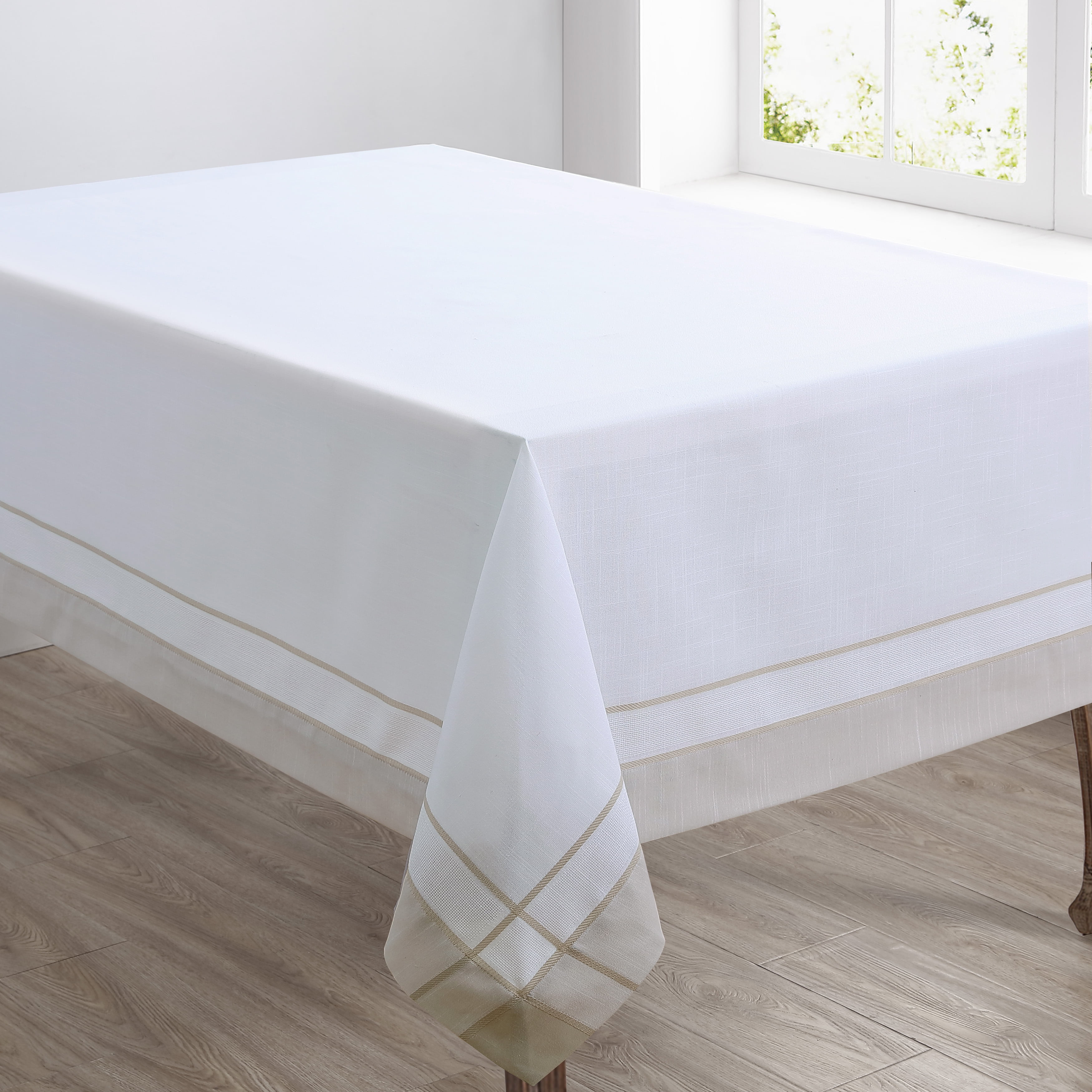 Natural Beige Rectangular Fabric Tablecloth with Banded Border