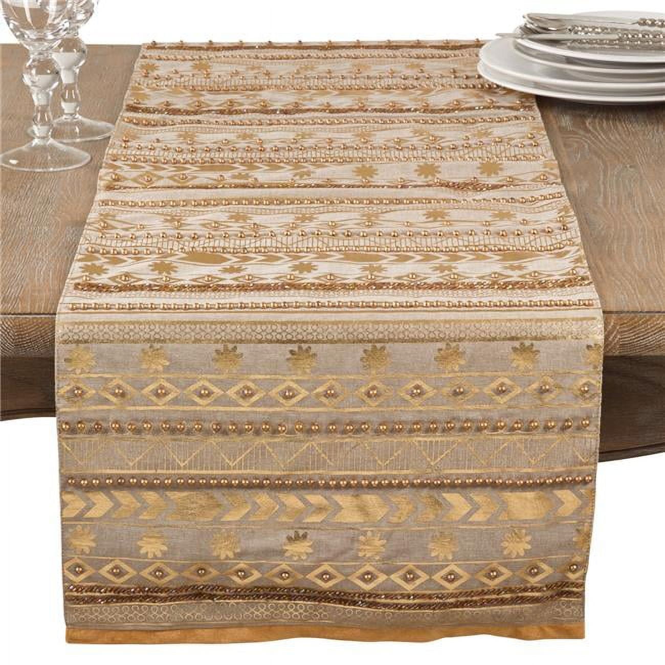 Beige and Gold Cotton Bohemian Table Runner with Beaded Design