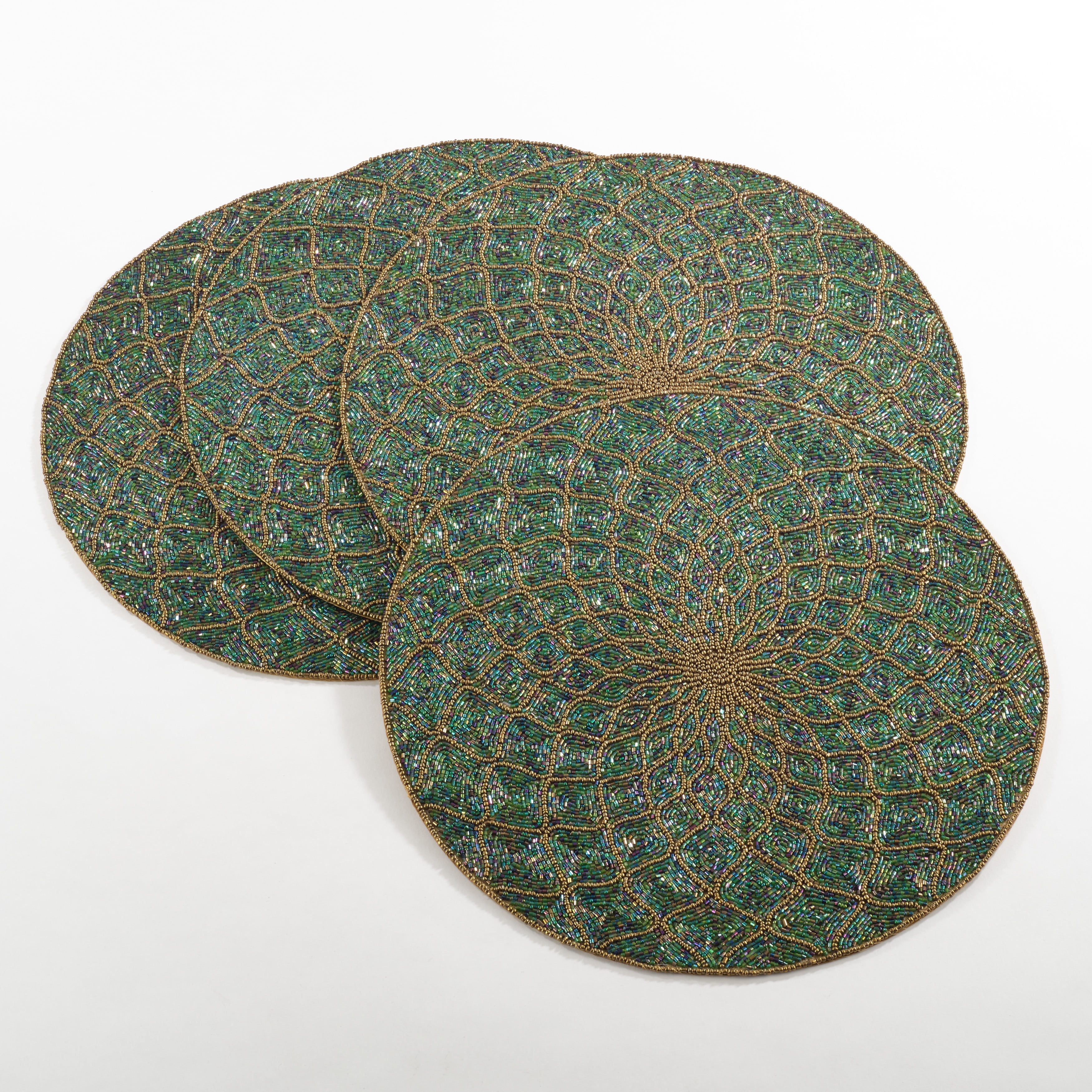 Teal and Gold Beaded Glass Round Placemats, Set of 4