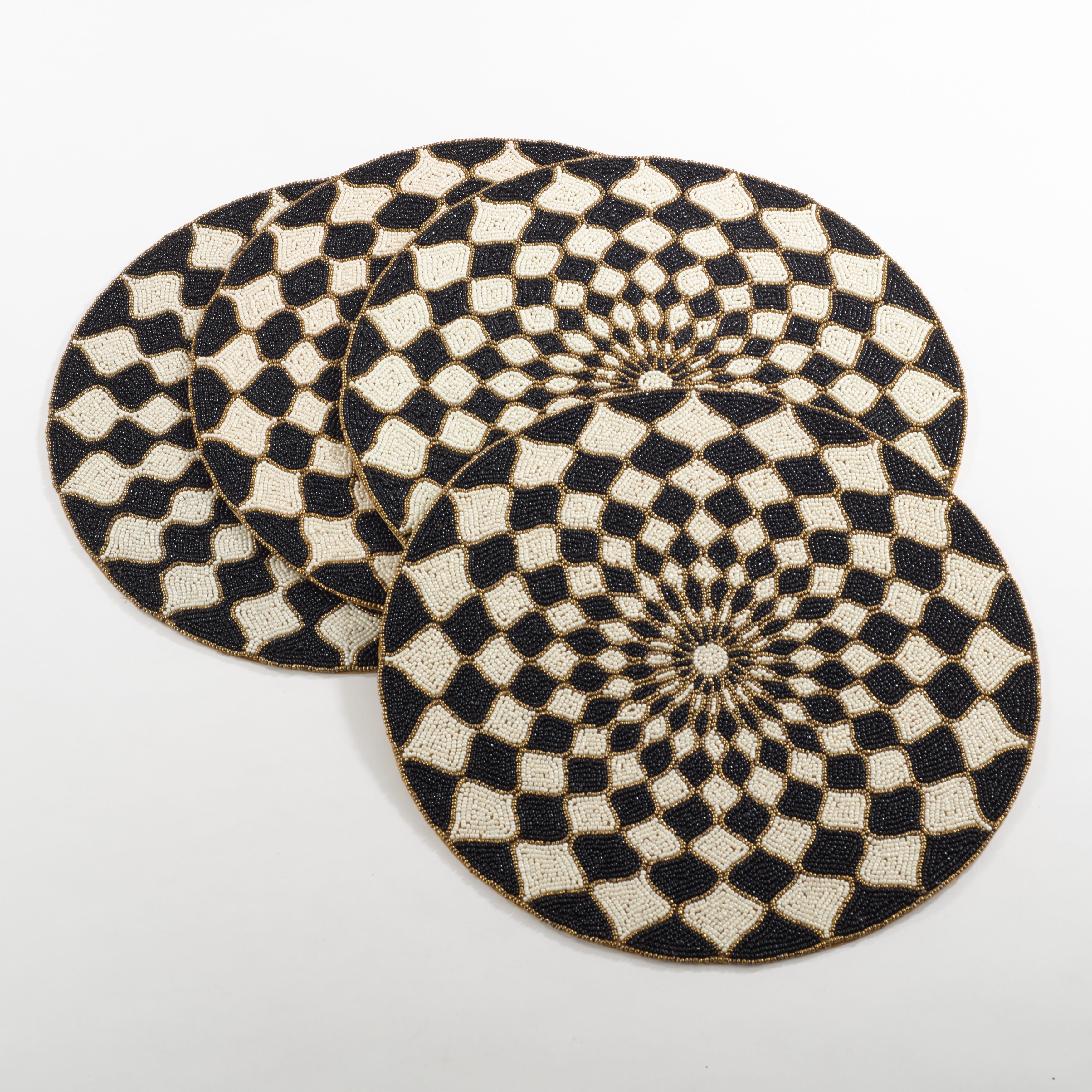 Round Black and White Beaded Design Placemats, Set of 4