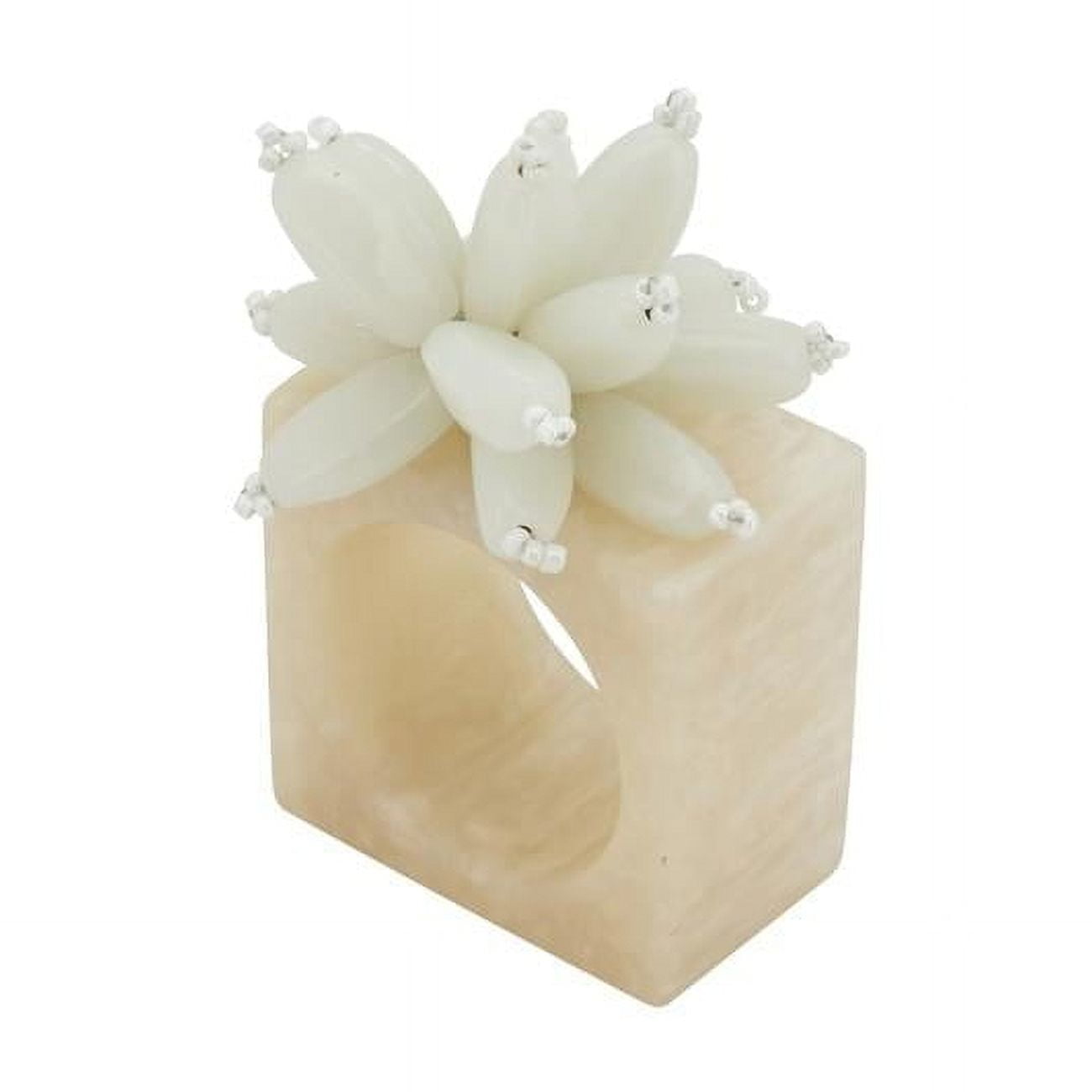 Ivory Beaded Floral Bloom Resin Napkin Rings, Set of 4