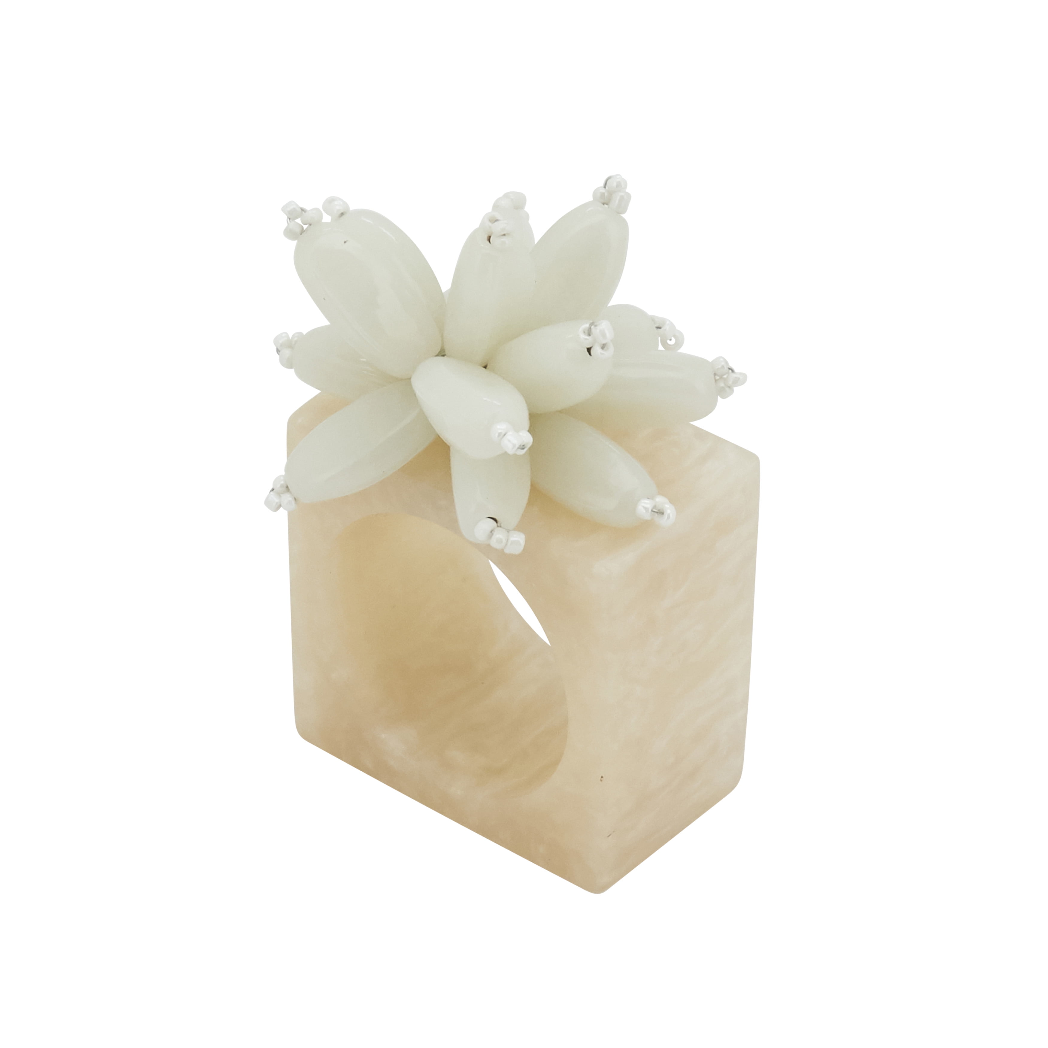Ivory Beaded Floral Bloom Resin Napkin Rings, Set of 4
