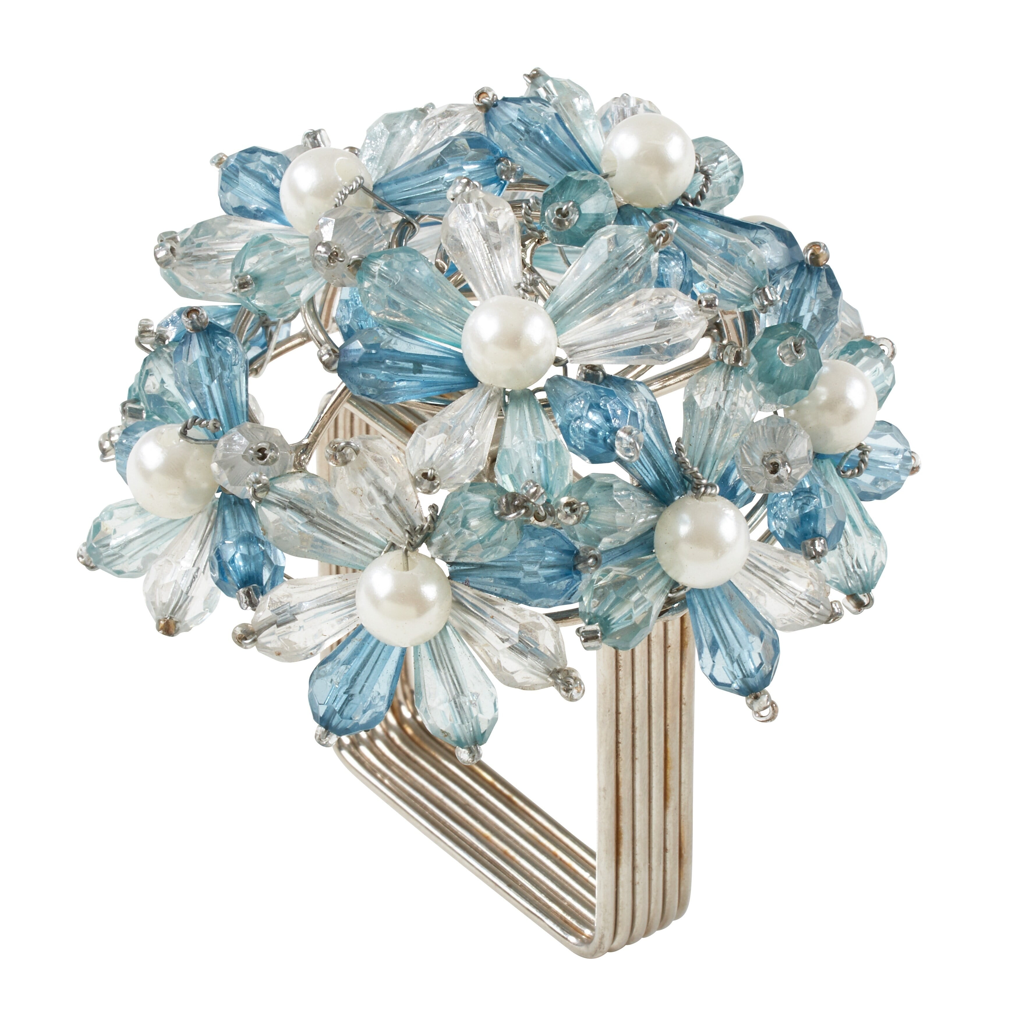Aqua Beaded Floral Design Napkin Rings Set of 4
