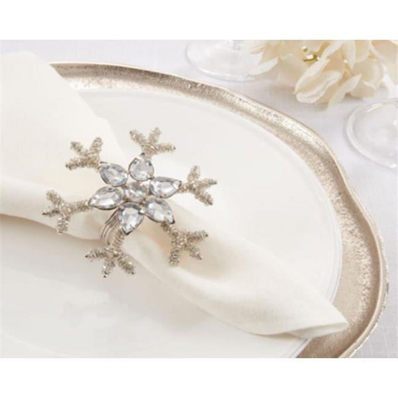 Silver Beaded Snowflake Design Holiday Napkin Rings, Set of 4