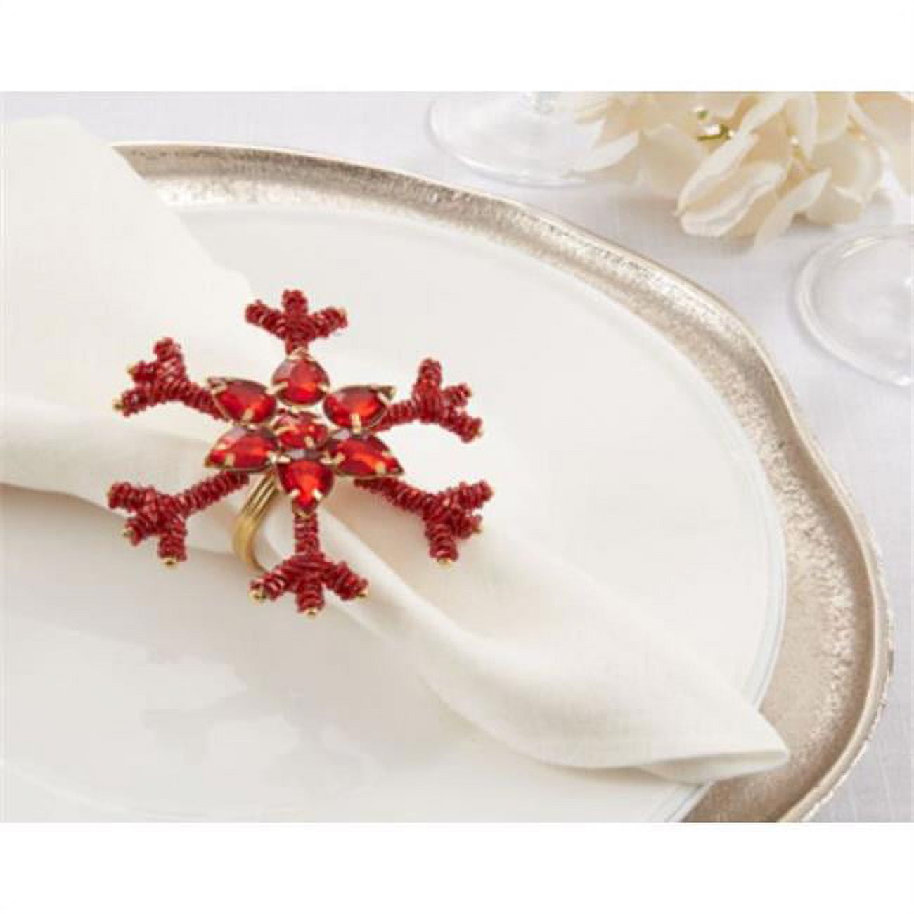 Red Beaded Snowflake Holiday Napkin Rings Set of 4