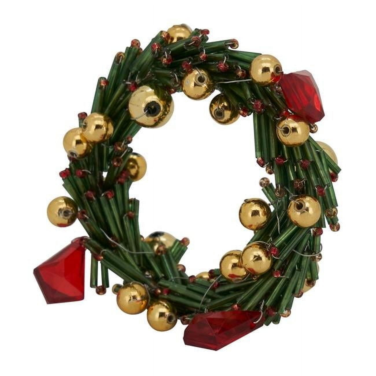 Festive Green and Red Beaded Wreath Napkin Rings with Golden Accents (Set of 4)