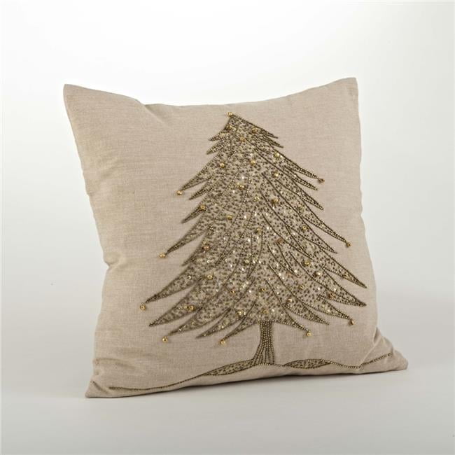 Gold Beaded Christmas Tree Embroidered Square Pillow