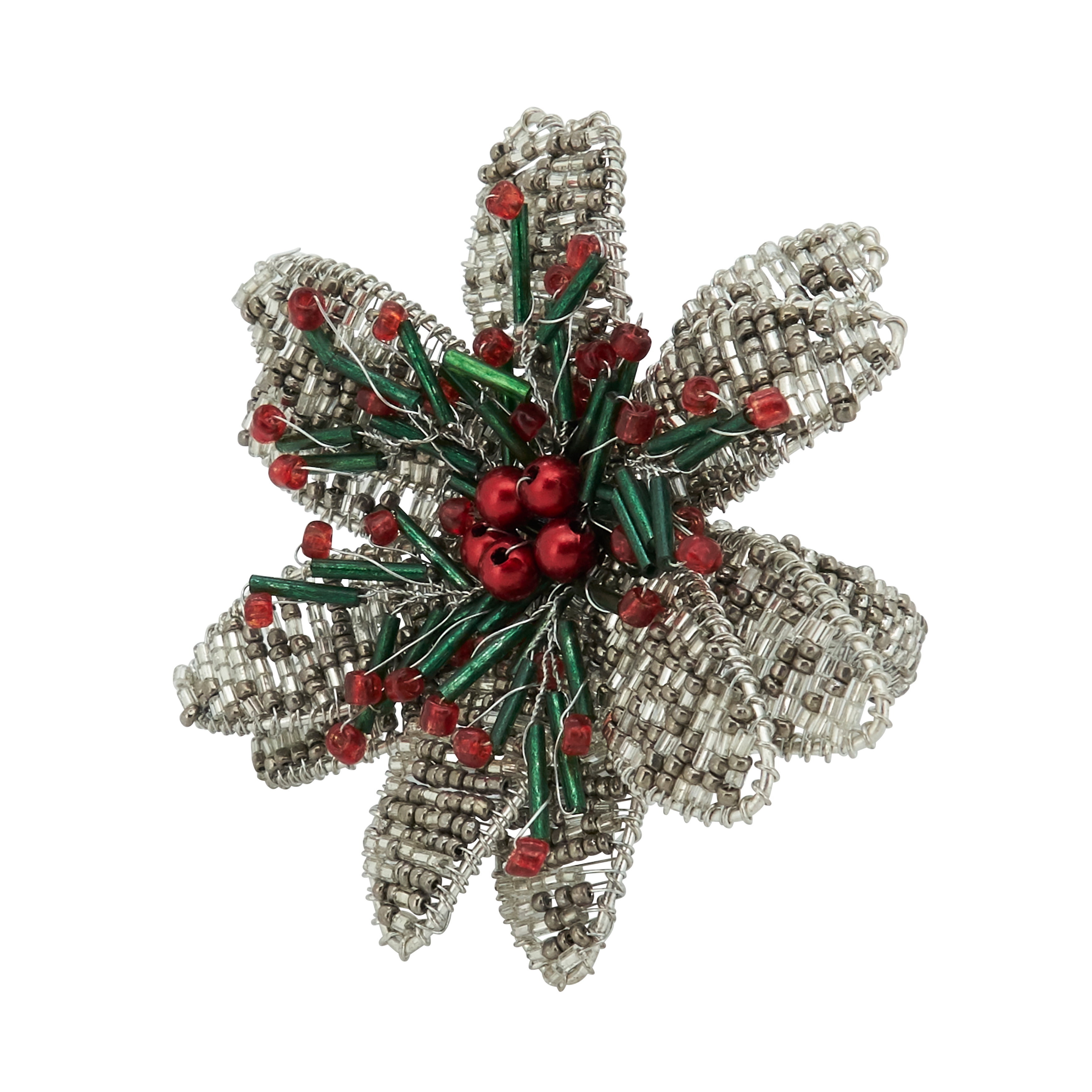 Silver Beaded Flower Napkin Rings Set of 4