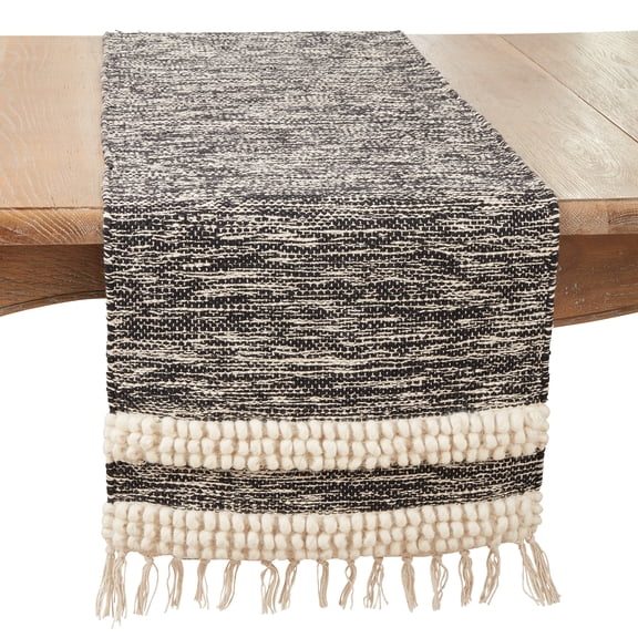 Saro Lifestyle Boho Fringe Pom Pom Stripe Table Runner
