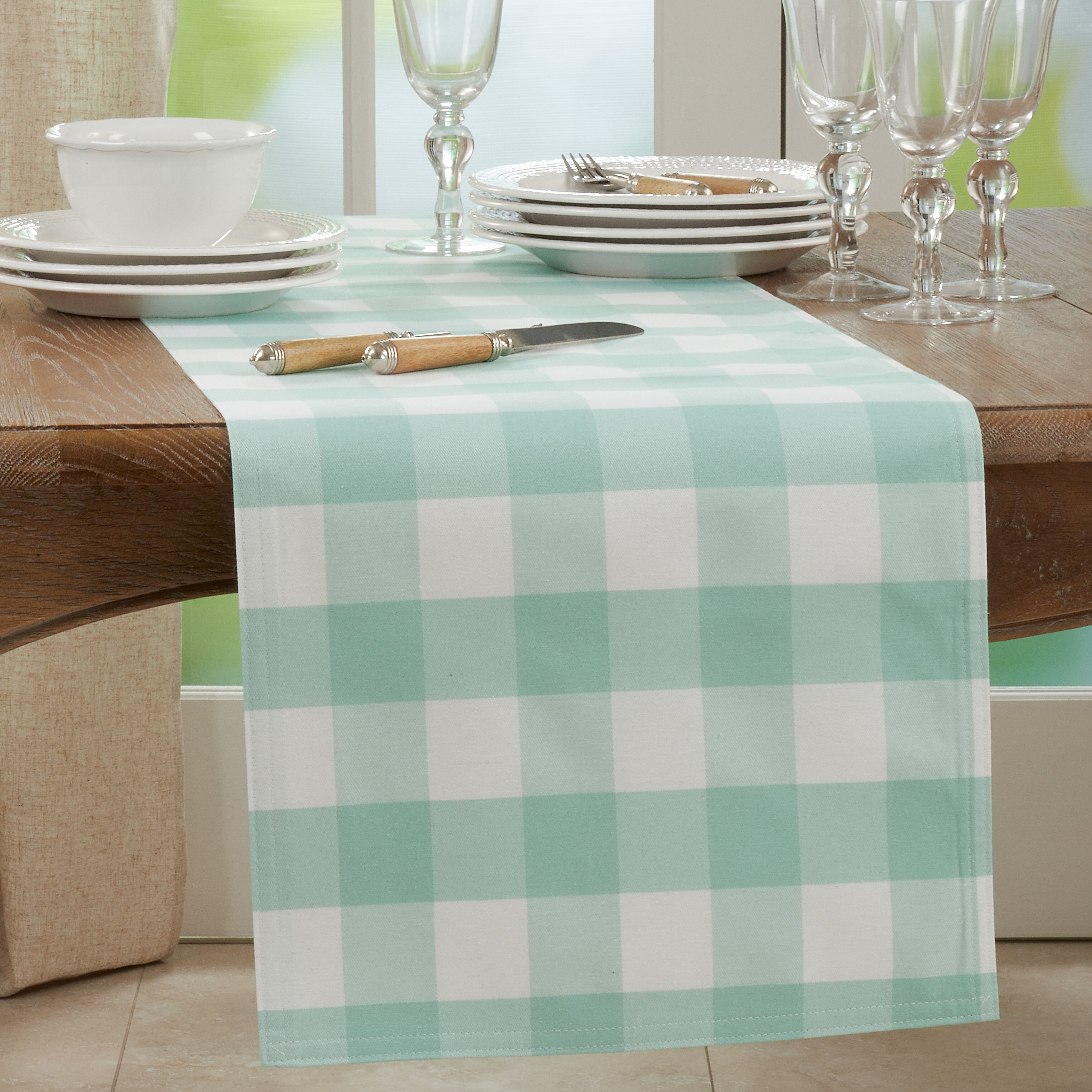 Green and White Cotton-Poly Buffalo Plaid Table Runner