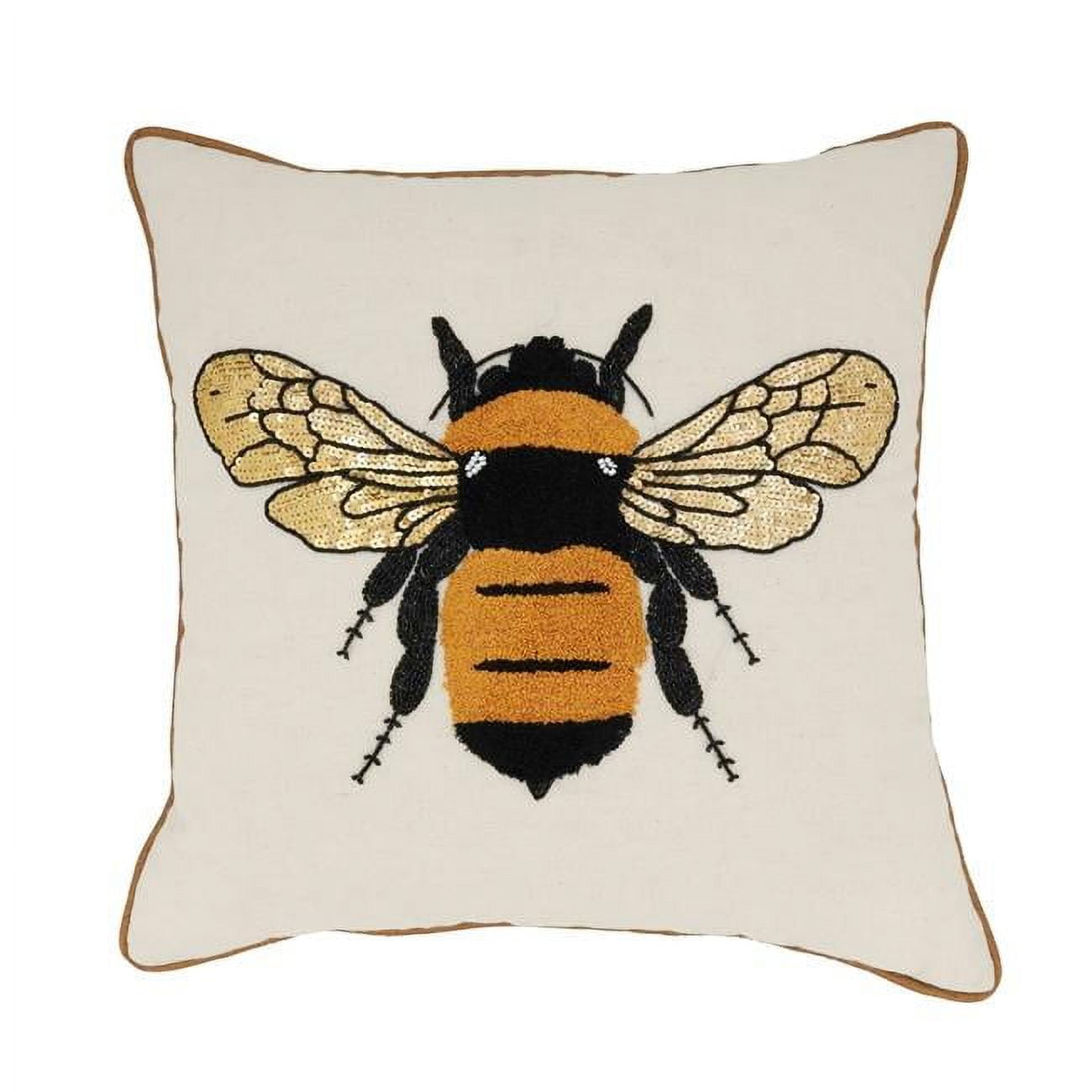Beige Embroidered Bumble Bee Square Throw Pillow