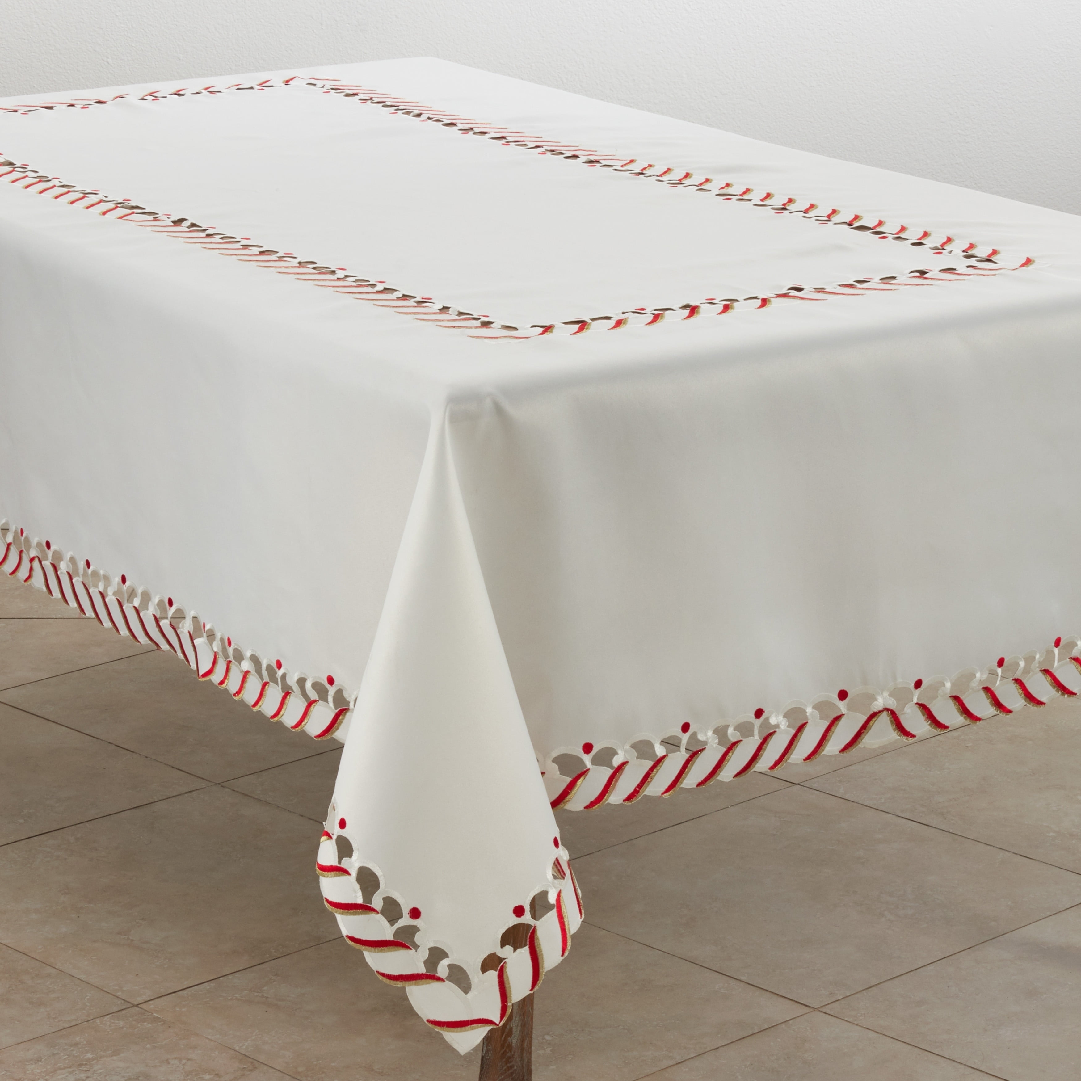 Ivory Candy Cane Border Christmas Tablecloth 65" x 104"