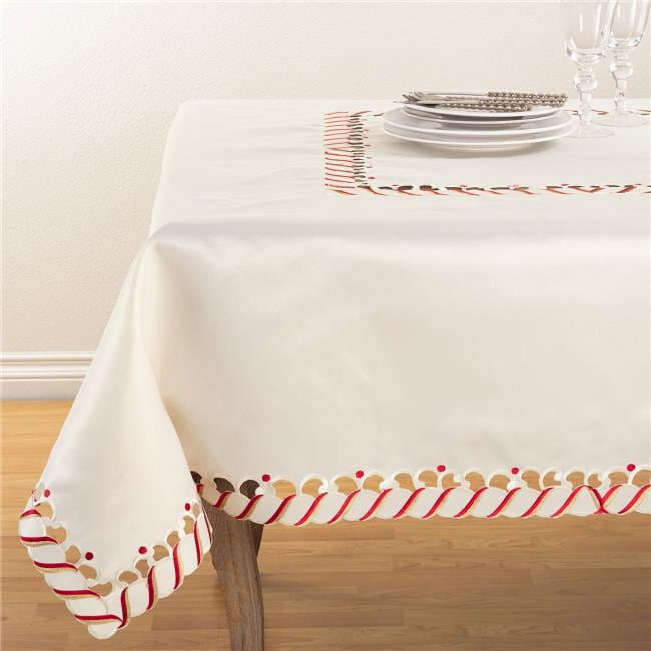 Ivory Candy Cane Border Christmas Fabric Tablecloth, 72"